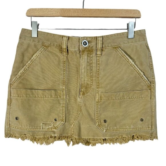Free People Cargo Khaki Cargo Mini Skirt Distressed Raw Hem Tan Women's Size 28 - Picture 1 of 5